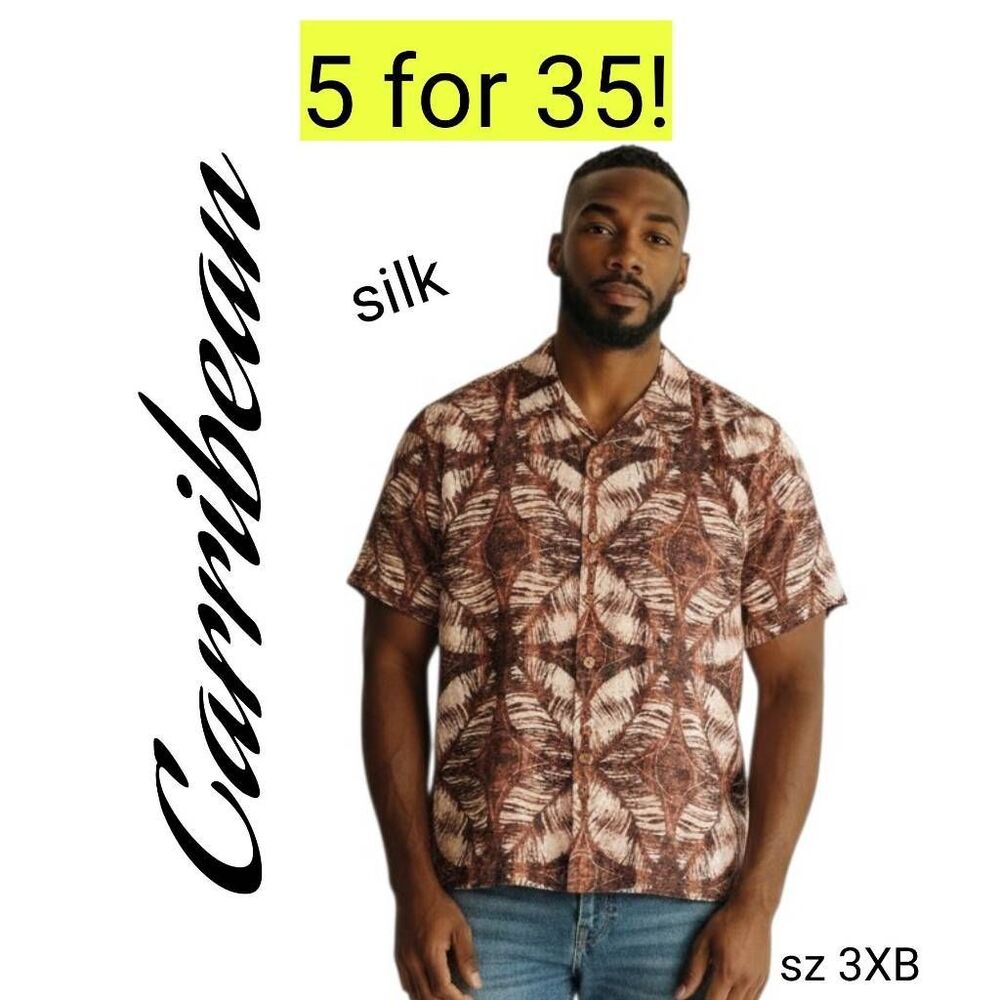 Caribbean Neutral Rust Silk Hawaiian Short Sleeve Shirt Clearance 5 for 35